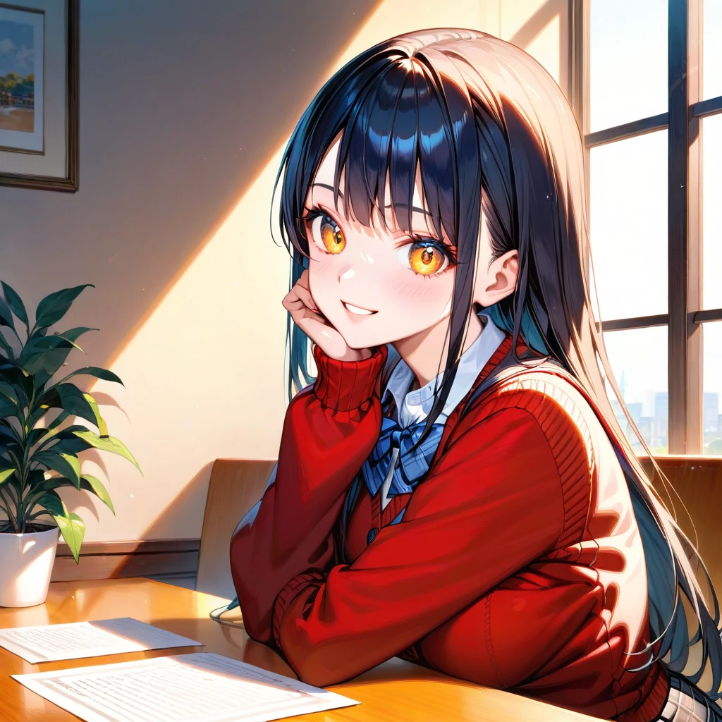 (8K, best quality, master piece: 1.2),ultra-high resolution,1 girl,solo,ultra-detailed face,detailed eyes,orange eyes,mascara,Straight hair, long hair,black hair,school uniform,plaid skirt,cardigan,rim light,Sitting in a chair,jambalaya on the table,smile,indoors restaurant