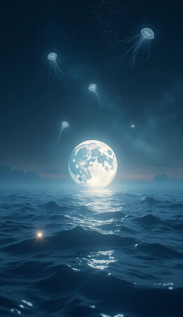 Moon Cradle in a Cosmic Ocean: "Visualize the moon gently cradled in a cosmic ocean, with waves of stardust softly lapping against its surface. The moon floats serenely, surrounded by glowing jellyfish-like stars and wisps of nebulae that drift lazily across the sky. The ocean reflects the moon's soft glow, creating a serene and otherworldly scene where the boundaries between sky and water blur into a dreamlike continuum."