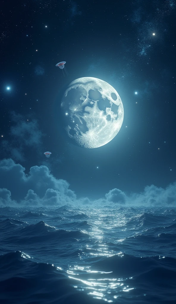 Moon Cradle in a Cosmic Ocean: "Visualize the moon gently cradled in a cosmic ocean, with waves of stardust softly lapping against its surface. The moon floats serenely, surrounded by glowing jellyfish-like stars and wisps of nebulae that drift lazily across the sky. The ocean reflects the moon's soft glow, creating a serene and otherworldly scene where the boundaries between sky and water blur into a dreamlike continuum."

