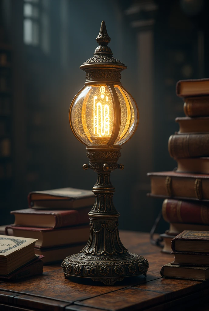 A mystical gothic lamp from which glowing letters emerge, illuminating a dark place. Books around.