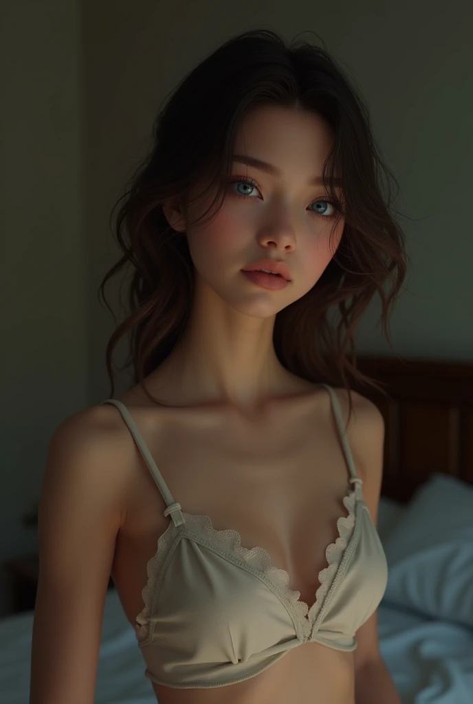 Cute eighteen , brunette, young, eye contact, nighttime, smiling, smile, young girl, thin legs, skinny, eighteen, sweet, closed mouth, mouth closed, slim, tiny body, 18, blonde, bright blue eyes, photo real, photorealistic, naked, nude, topless, soft nipples, night, nighttime, bedroom, standing,