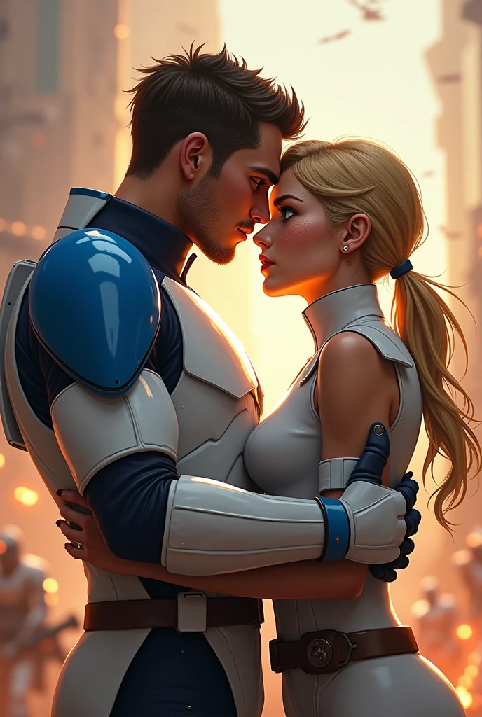 Dans le style comics de The Clone Wars. Crée un Lieutenant Arc Trooper de Classe Alpha. Entrain d'enlacer une Lieutenante de la Marine de la République galactique. La femme est blonde avec les cheveux attachés. Elle a des yeux bleus et des tâches de rousseurs.