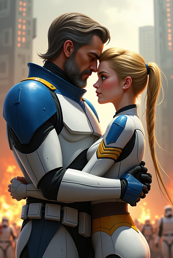 Dans le style comics de The Clone Wars. Crée un Lieutenant Arc Trooper de Classe Alpha. Entrain d'enlacer une Lieutenante de la Marine de la République galactique. La femme est blonde avec les cheveux attachés. Elle a des yeux bleus et des tâches de rousseurs.