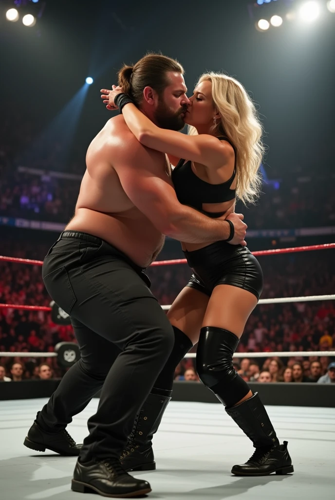 Young and beautiful blonde woman choke-slamming a giant man in a WWE wrestling ring.