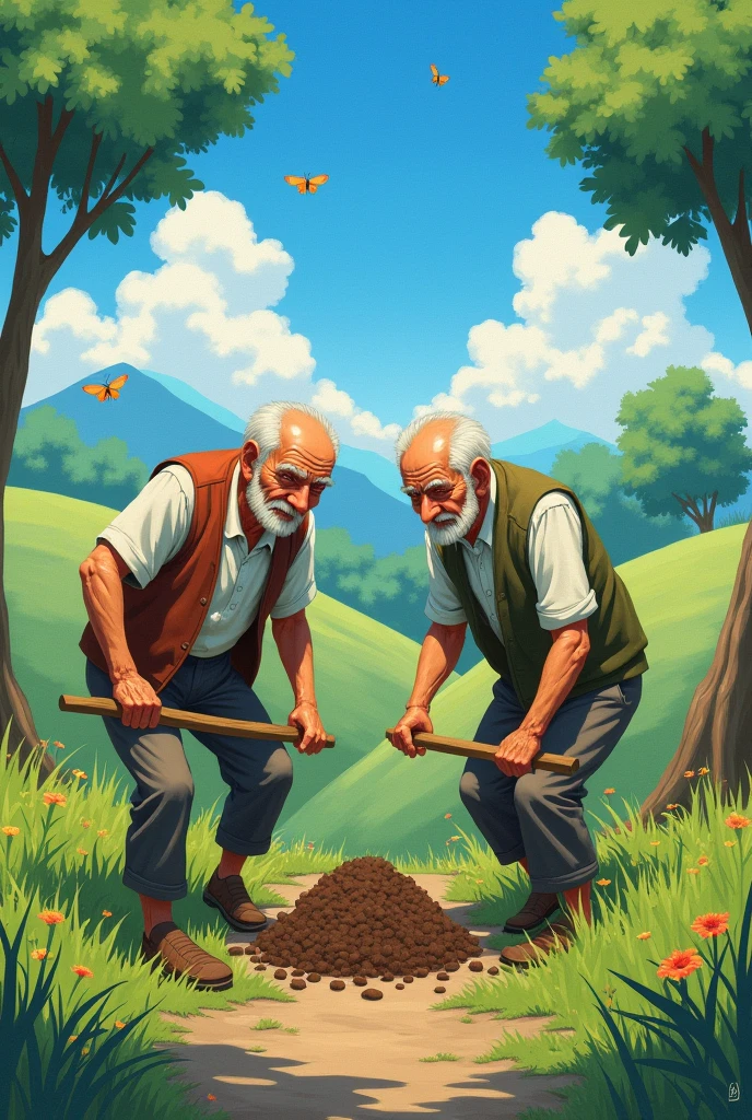 Ghibli anime style painting、Two old men working together、Actively working outside