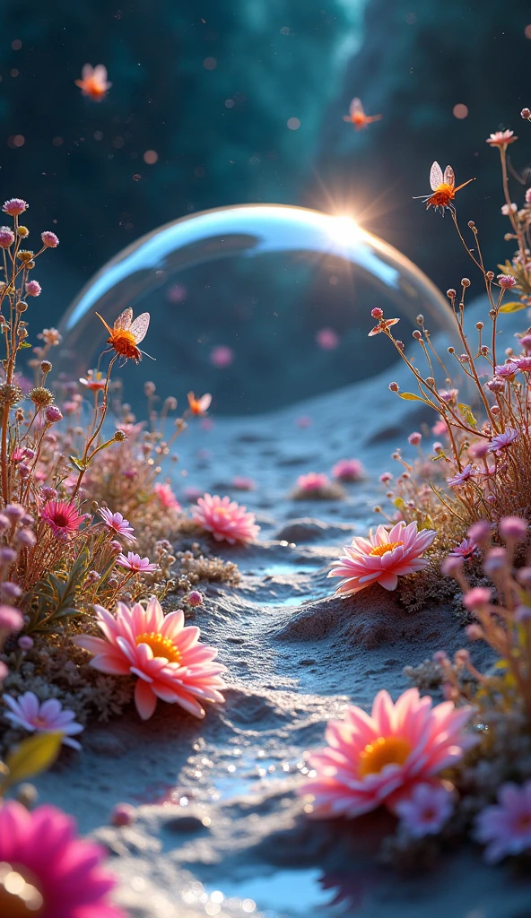 The Moon's Glass Gardens: "Visualize an expansive garden on the moon, with plants made entirely of glass. Each flower and leaf refracts the sunlight, casting rainbows across the lunar surface. The garden is encased in a translucent dome that protects it from the harsh vacuum of space, and within, the air shimmers with floating particles of light. The plants grow in intricate, geometric patterns, and small, glowing insects pollinate the flowers, their wings beating with a faint hum that echoes through the dome."