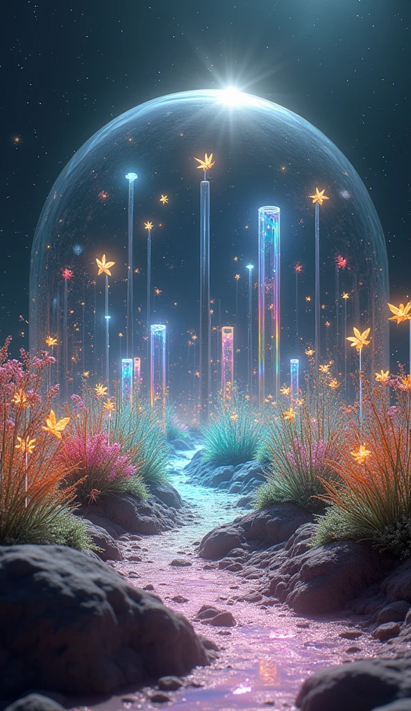 The Moon's Glass Gardens: "Visualize an expansive garden on the moon, with plants made entirely of glass. Each flower and leaf refracts the sunlight, casting rainbows across the lunar surface. The garden is encased in a translucent dome that protects it from the harsh vacuum of space, and within, the air shimmers with floating particles of light. The plants grow in intricate, geometric patterns, and small, glowing insects pollinate the flowers, their wings beating with a faint hum that echoes through the dome."