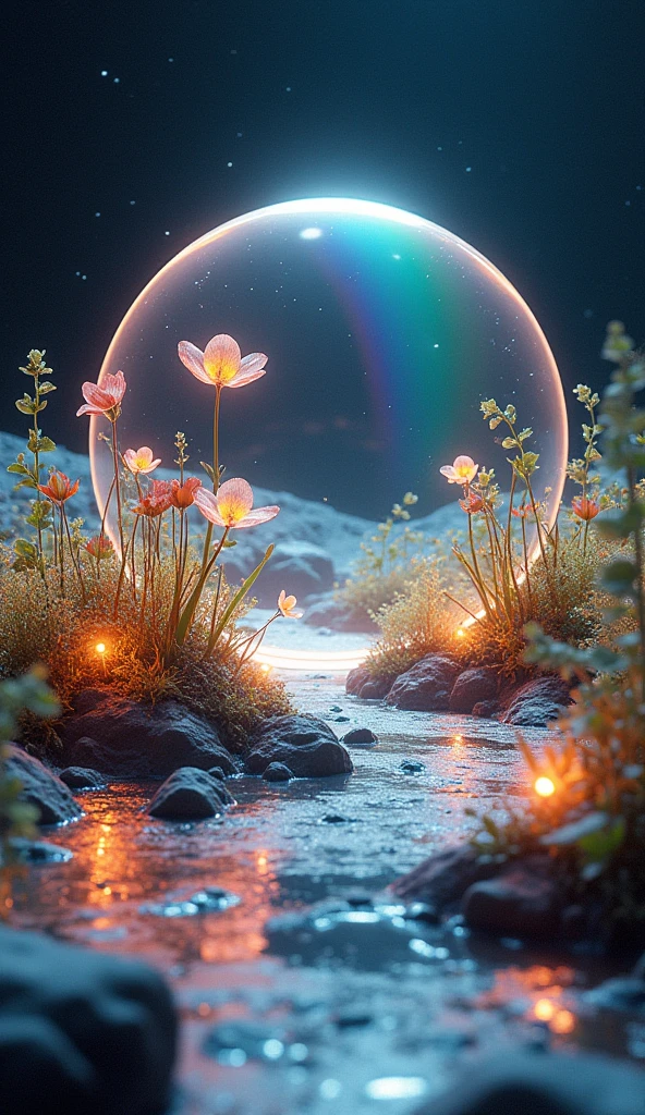 The Moon's Glass Gardens: "Visualize an expansive garden on the moon, with plants made entirely of glass. Each flower and leaf refracts the sunlight, casting rainbows across the lunar surface. The garden is encased in a translucent dome that protects it from the harsh vacuum of space, and within, the air shimmers with floating particles of light. The plants grow in intricate, geometric patterns, and small, glowing insects pollinate the flowers, their wings beating with a faint hum that echoes through the dome."