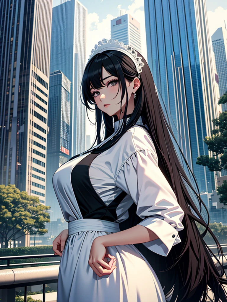 Masterpiece、High resolution、Detailed expression、(Huge beauty:1.3)、Natural Fingers、Black Hair、18 meters tall、Married Woman、apron、Troubled face、Touching the skyscrapers