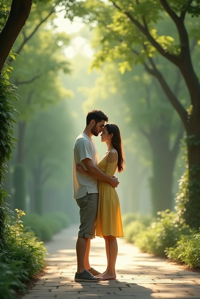 (best quality, 4k, 8k, high resolution, masterpiece: 1.2), ultra-detailed, realistic, portraits, beautiful, artistic, emerald, dense, abundant shadow, ethereal, vibrant, serene, tranquil, proud, masterpiece photo, REALISTIC IMAGE, tall and thin man, casual clothes, woman in a light yellow dress, fair skin, long brown hair, hugging tightly in a tree-lined square.