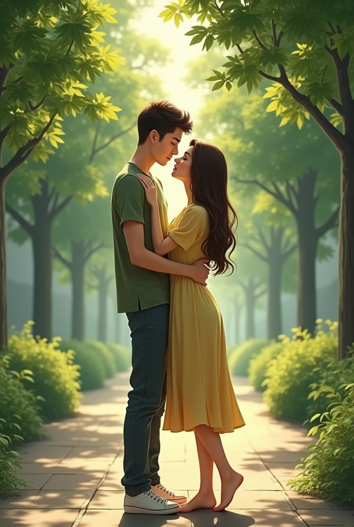 (best quality, 4k, 8k, high resolution, masterpiece: 1.2), ultra-detailed, realistic, portraits, beautiful, artistic, emerald, dense, abundant shadow, ethereal, vibrant, serene, tranquil, proud, masterpiece photo, REALISTIC IMAGE, tall and thin man, casual clothes, woman in a light yellow dress, fair skin, long brown hair, hugging tightly in a tree-lined square.