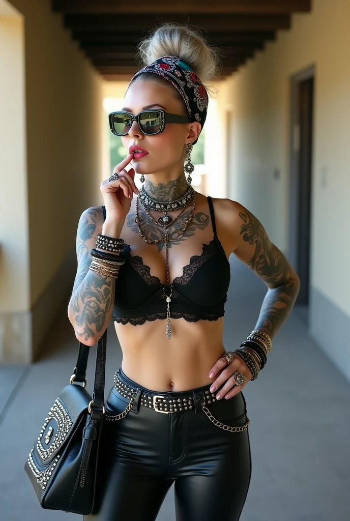russian milf woman, grey hair (bouffant, top bun) and oversized square sunglasses and wide colourful bandana as headband, with very light green eyes, extremely pale. Big lips. Black lace push up bra, silicone breast,, skinny shiny black low rise leather jeans. Flip flops. Lots of thick wide studded bracelets, chain collars and big rings,. Two loose studded belts,. Long earrings with chains and feathers. Standing with legs apart, one hand hands on her hip, the other, sucking her thumb, stretching her neck and looking up in surprise, craving., Neck, chest, stomach and wrists heavily tattoed. Toned abdominals, thin neck, slim legs and thin arms. Remarkable, wide tigh gap. Narrow hips. Full body. Studded black leather tote bag hanging low from her shoulder. At a long narrow corridor with natural light.
