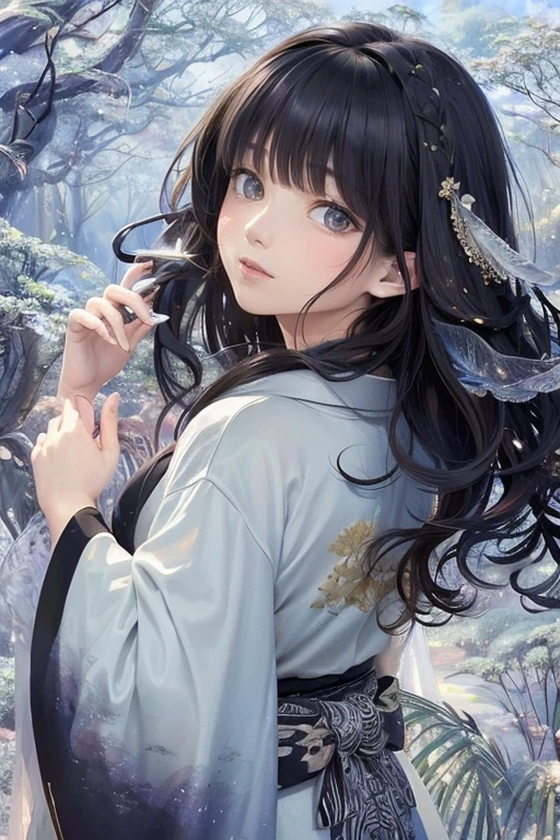 (masterpiece、top-quality、top-quality、watercolor paiting(Curly)、Official art、Beautifully Aesthetic:1.2)、(1girl in:1.3)、(Fractal animal Art:1.3)、((Kimono))、The upper part of the body、From Side、looking at the viewers、patterns、(Half gray and half black hair:1.2)、Eau、liquids、clouds、colourfull、starrysky、stele、beautiful shining clear eyes