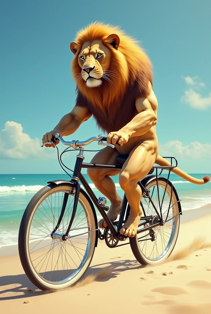 a lion riding a bike on the beach