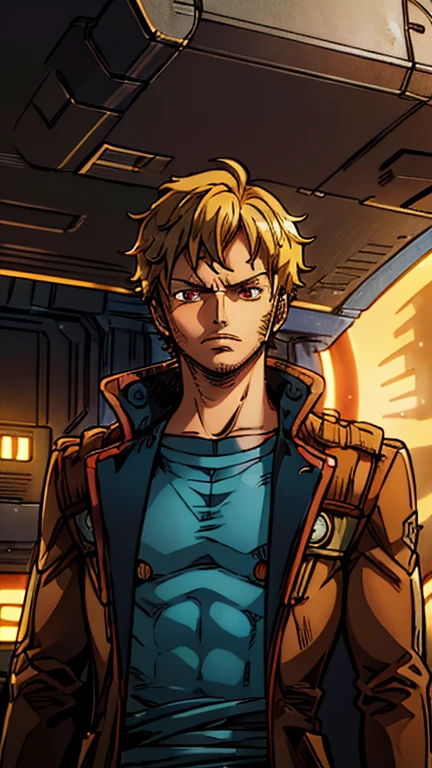 (1boy, Star Lord), (extremely detailed CG unit 8k wallpaper),(master part), (best quality), (ultra detail), (best illustration),(melhor ombre), cowboy shot, (Sharp eyeliner, ombre, detailed eyes:1), Spaceship bridge, break , (one piece style), upper body, solo, red eyes, gloves, 1boy, male focus, coat, trench coat,