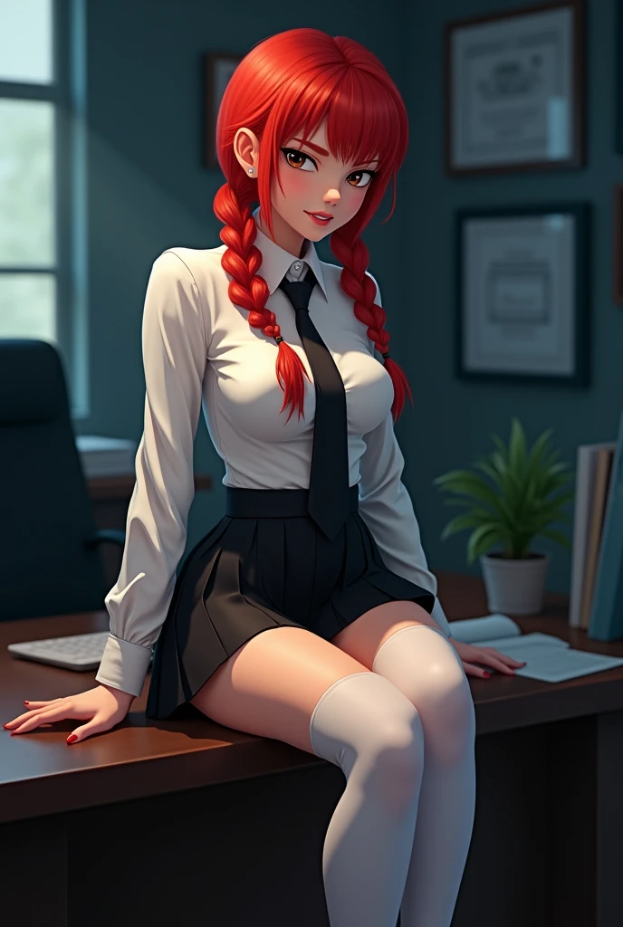 Create the following image: The image shows a woman with red hair, tied in two long braids, each one on one side of his head, hazel eyes and white skin. She is sitting on the edge of a table, with her legs crossed and a lascivious smile on her face. Wear a white long-sleeved blouse, a black tie, a black pleated skirt and white knee-high stockings. The background is a dark office, and his eyes stand out in the darkness. animated style