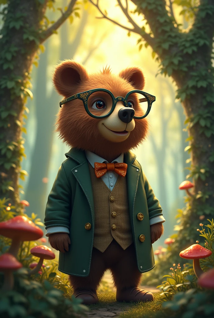 A teacher-like bear wearing fantasy glasses。Fantasy Forest。