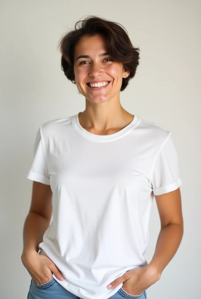 Brazilian woman, fair skin, short hair, wearing a white cotton round neck baby look t-shirt with her hands in her pockets, smiling happily