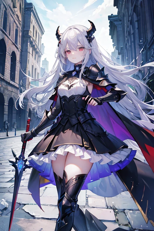 (masterpiece:1.5), Best Quality, very aesthetic, absurdities, 1 girl, Hero, male, 1, long messy hair, silver hair, Serious and angry expression, sweaty forehead, armor, chest plate, shoulder pads, gauntlets, kneepads, blue cape, holding the sword, leaning forward, swinging sword, 1 girl, Beautiful Demon Queen, female, , long straight hair, flowing in the wind, silver hair, Confident smile, bright Eyes, black dress, red gemstones, black cape, Holding magic staff, jumping back, cast magic, interior of the ruined castle, broken walls, floor, Old furniture, luz outfit, Illuminated by magic and the reflection of the sword., pillars of fall, Scattered debris, sharp focus on subjects, vivid colors, animated style, Strain, excitement