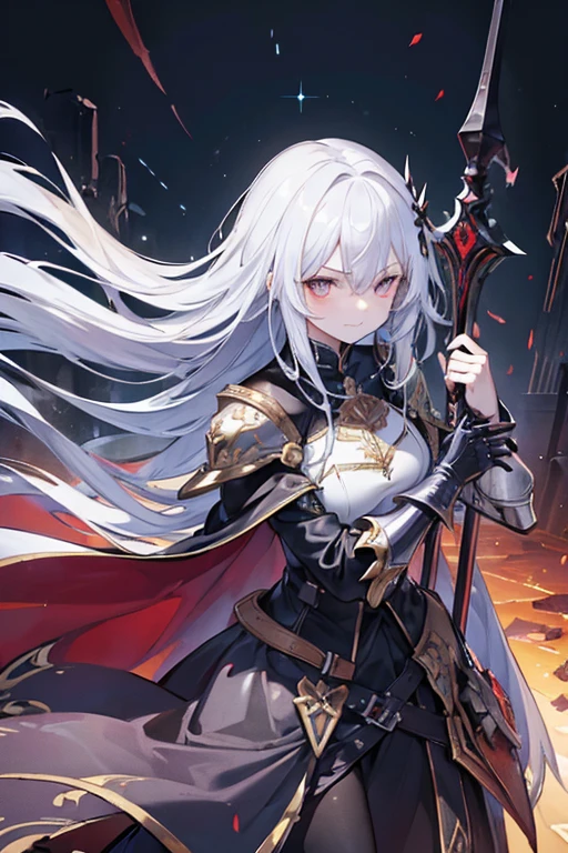 (masterpiece:1.5), Best Quality, very aesthetic, absurdities, 1 girl, Hero, male, 1, long messy hair, silver hair, Serious and angry expression, sweaty forehead, armor, chest plate, shoulder pads, gauntlets, kneepads, blue cape, holding the sword, leaning forward, swinging sword, 1 girl, Beautiful Demon Queen, female, , long straight hair, flowing in the wind, silver hair, Confident smile, bright Eyes, black dress, red gemstones, black cape, Holding magic staff, jumping back, cast magic, interior of the ruined castle, broken walls, floor, Old furniture, luz outfit, Illuminated by magic and the reflection of the sword., pillars of fall, Scattered debris, sharp focus on subjects, vivid colors, animated style, Strain, excitement