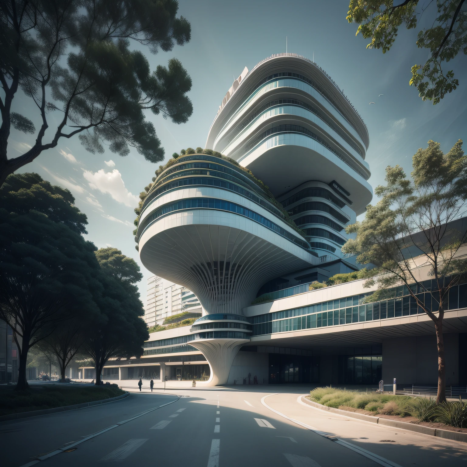Futuristic architecture, arquitectura premiada, skyscraper architectureCity, photographic style, fotorrealismo, Alameda de Plátanos, Highly detailed dream building in the architectural styles of Oscar Niemeyer and Ernst Haeckel :: arquiteturacore :: High contrast wide avenue in front full of trees, plane trees