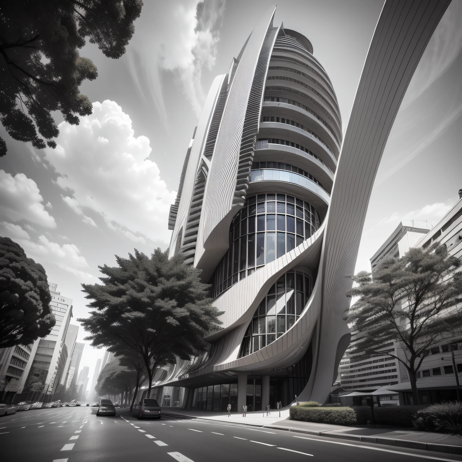 Futuristic architecture, arquitectura premiada, skyscraper architectureCity, photographic style, fotorrealismo, Alameda de Plátanos, Highly detailed dream building in the architectural styles of Oscar Niemeyer and Ernst Haeckel :: arquiteturacore :: High contrast wide avenue in front full of trees, plane trees
