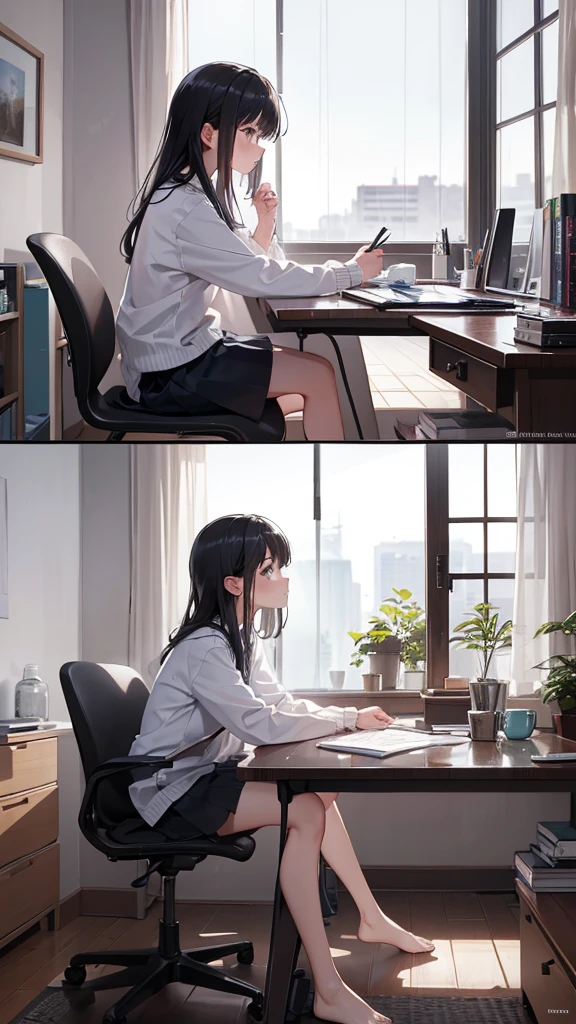 High Detail, Ultra Detail, 8K, Ultra High Resolution cute girl, alone in her room, ager, enjoying studying in her room, sitting, lofi girl, relaxed, surrounded by a nice room, with rain outside her window, at night, with a cup of coffee studying, profile pov, very detailed room, application to improve colors and resolution, use of defect correction, high quality, cozy atmosphere