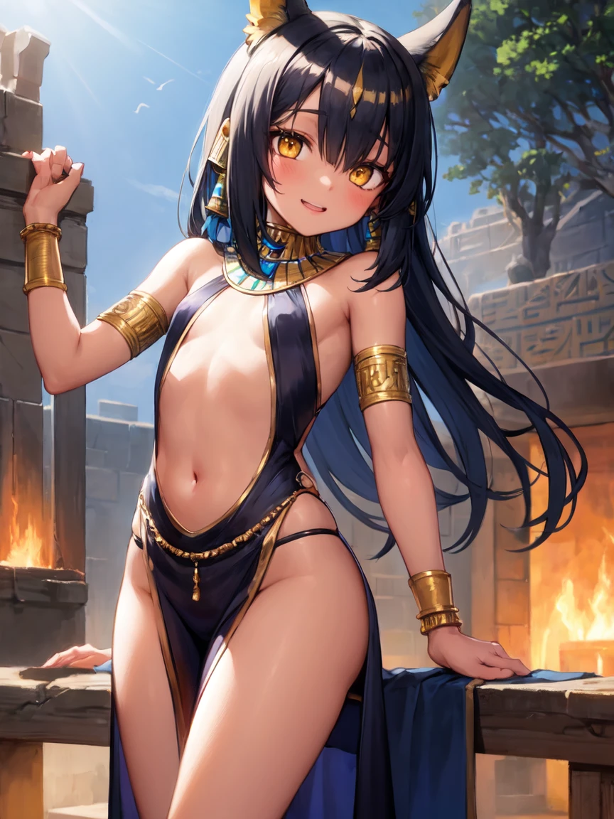 (SLE, mksks style, detailed background:1.1), (solo:1.3), girl, dark skin, ornate egyptian dress, long hair, black hair, beautiful hair, hair over eye, yellow_eyes, happy, portait, head tilt, volumetric lighting, (outdoor:1.3), egyptian house, colorful, flat chest, female anubis, egyptian clothes, egyptian mythology, see-through, , lewd outfit, young, (young girl), child, (very young girl), small girl, skimpy outfit, midriff,