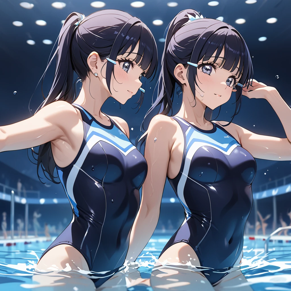 ((Highest quality)), ((masterpiece)), (detailed), (Perfect Face)、The woman is Reika Aoki with semi-long hair、The woman is wearing a synchronized swimming costume, a nose clip, synchronized swimming makeup, and is doing synchronized swimming.