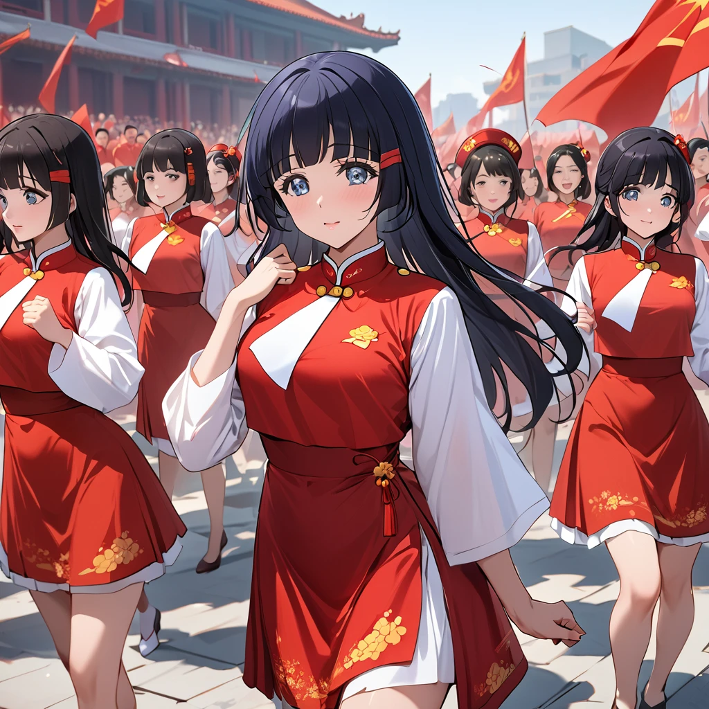 ((Highest quality)), ((masterpiece)), (detailed), （Perfect Face）、The woman is Aoki Reika, has medium-long hair and is a member of the Chinese Communist Party.、The woman is wearing a Chinese Communist Party folk dance costume and performing Chinese folk dance with other female members at a Communist Party rally.