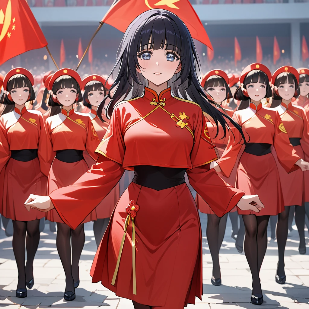 ((Highest quality)), ((masterpiece)), (detailed), （Perfect Face）、The woman is Aoki Reika, has medium-long hair and is a member of the Chinese Communist Party.、The woman is wearing a Chinese Communist Party folk dance costume and performing Chinese folk dance with other female members at a Communist Party rally.