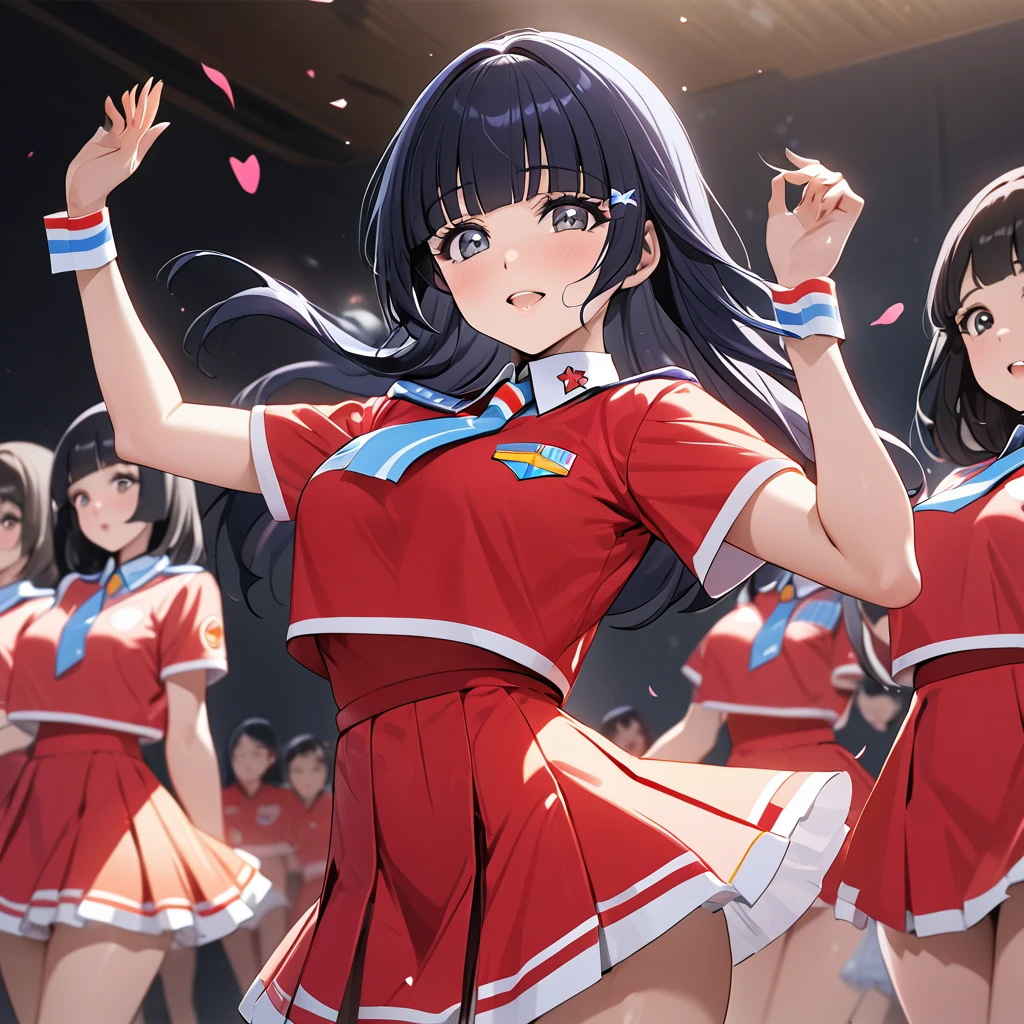 ((Highest quality)), ((masterpiece)), (detailed), (Perfect Face)、The woman is Reika Aoki with semi-long hair、The woman is a member of the North Korean Joy Squad and is dancing for the General in a Joy Squad costume.