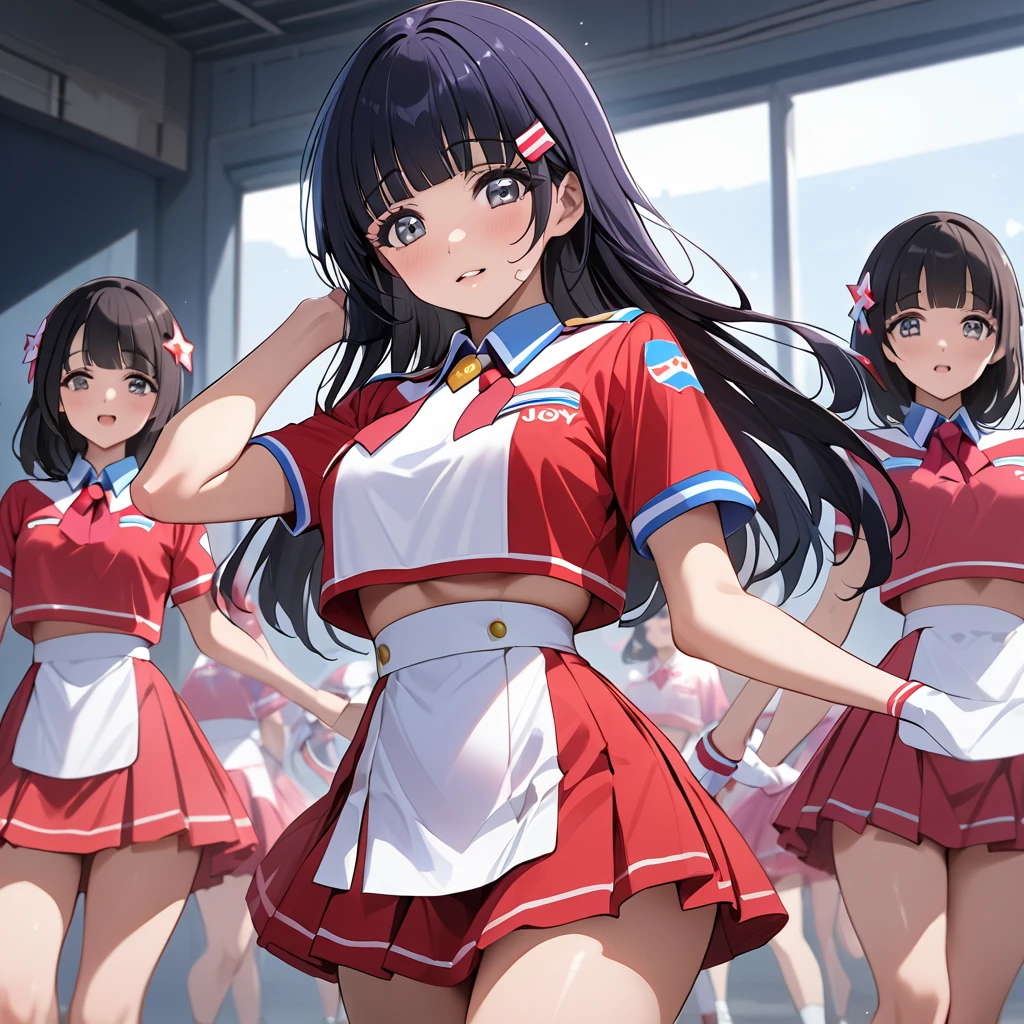 ((Highest quality)), ((masterpiece)), (detailed), (Perfect Face)、The woman is Reika Aoki with semi-long hair、The woman is a member of the North Korean Joy Squad and is dancing for the General in a Joy Squad costume.