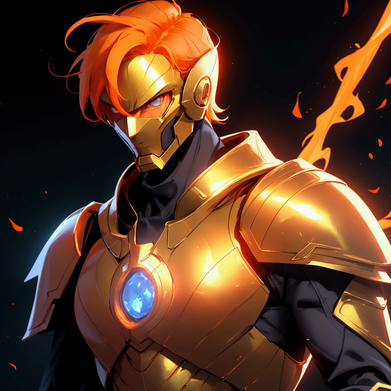 envision a 8k, highres, cinematic close up portrait of a man with a slender skinny body, no facial hair with sleek orange hair, and orange eyes wearing golden armor and tight dark blue super suit, Dr Fate Helmet, magic effects against a dark gray background
