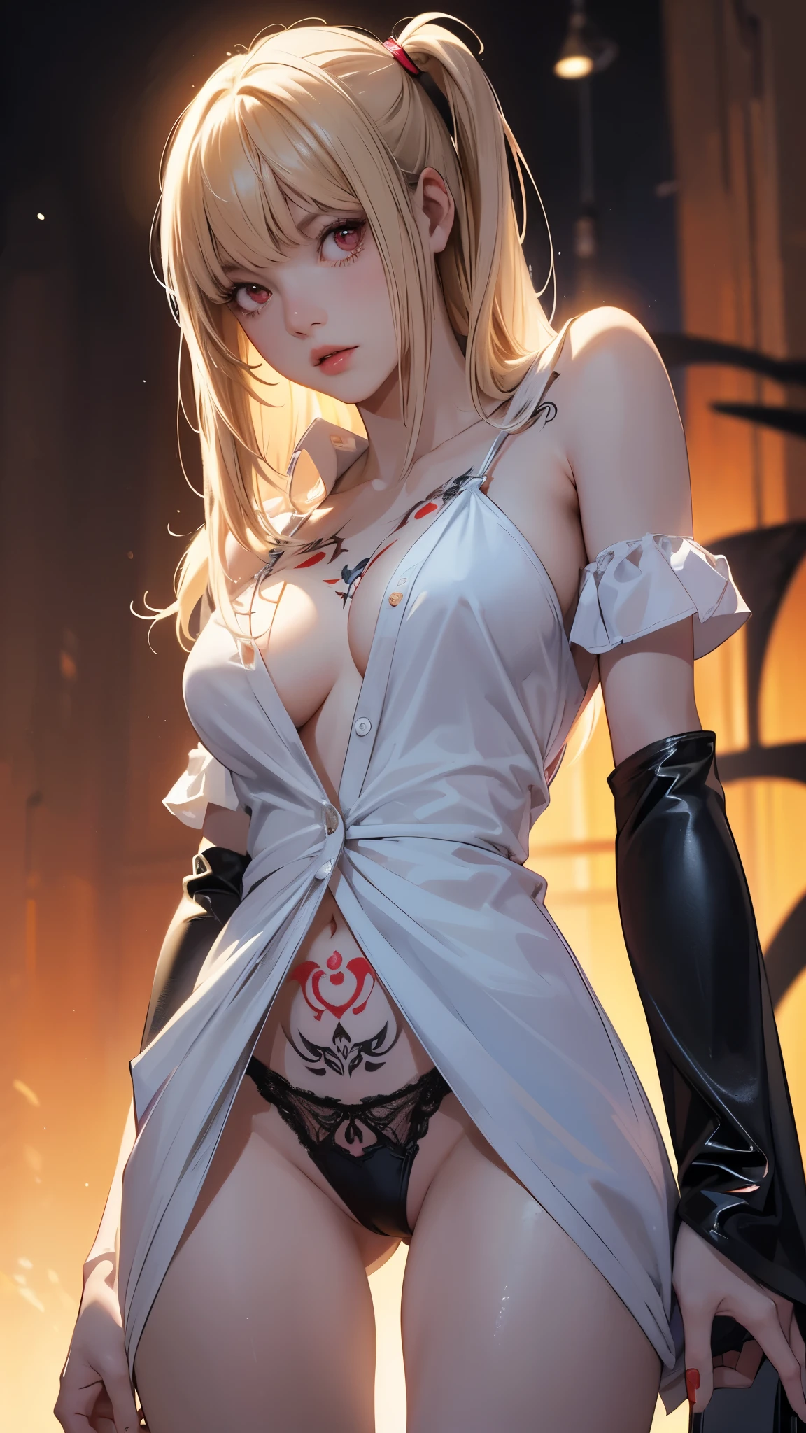 (best quality,highres:1.2),ultra-detailed,realistic,photorealistic:1.37,a beautiful girl (Misa Amane - Death Note) Anime Design) model in a fantasy style,1,long legs,medium breasts,extremely detailed face (with emphasis on red eyes).She is wearing a black thong and a shirt on her naked body, more than half of her body is naked. The clothes emphasize her sexuality,bent down, lifting her ass to the top,there is an artfully executed tattoo on the right thigh of her leg, the girl stands in this angle (showing everyone her tattoo),illustration,colorful pop art style,dynamic lighting,neon colors.Nsfw