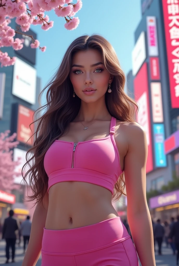 "A realistic and beautiful fitness woman with long brown hair and blue eyes is standing near the Shibuya Crossing in Tokyo, Japan. She is wearing a stylish pink athletic outfit that blends modern fitness style with Japanese street fashion. Cherry blossoms are in full bloom around her, and the cityscape is vibrant with colorful billboards."