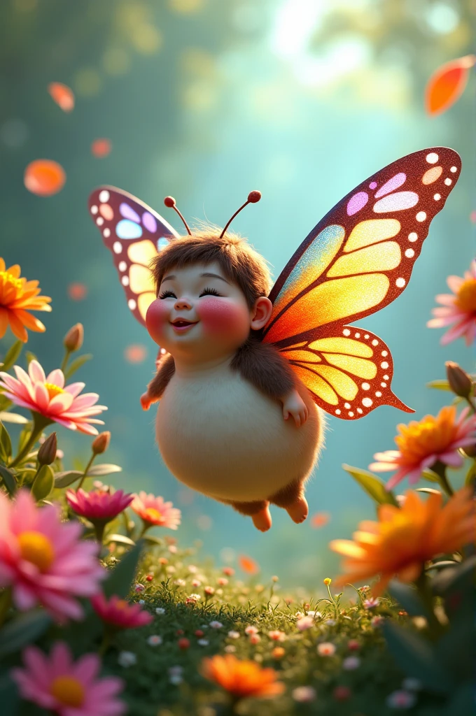 A chubby fairy with large wings of a butterfly flies from a flower to a flower