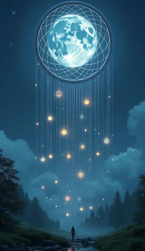 Moonlit Dreamcatcher: "Imagine a giant dreamcatcher woven from threads of moonlight, suspended in the night sky. The moon sits at its center, casting soft beams through the delicate web, catching and holding onto dreams as they float by. Each captured dream forms a tiny, glowing orb, gently swaying in the breeze. Below, a peaceful landscape of rolling hills and quiet forests is bathed in the moon's gentle light, with the dreamcatcher's orbs sprinkling soft colors across the night."