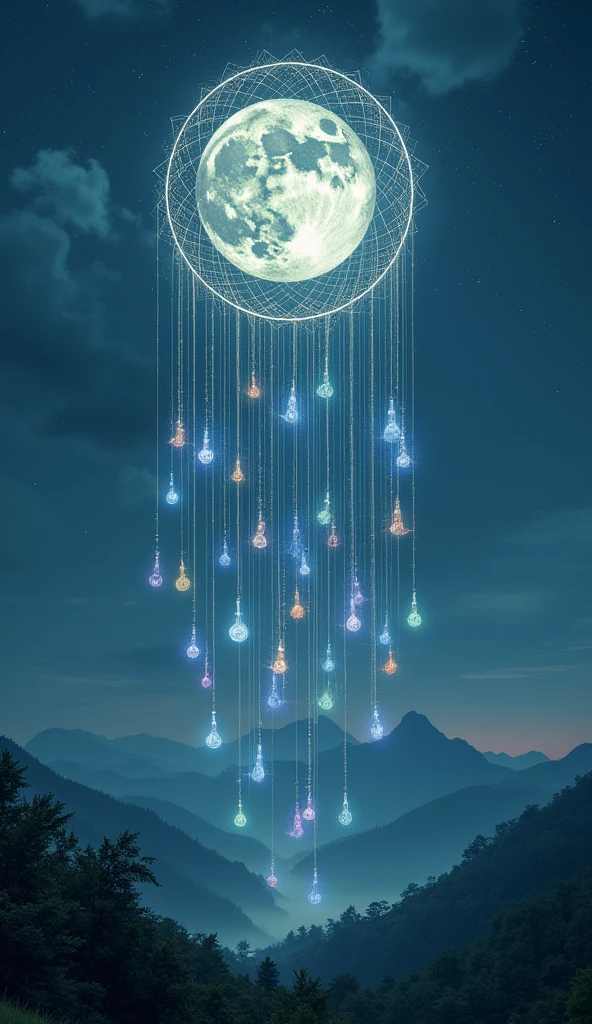 Moonlit Dreamcatcher: "Imagine a giant dreamcatcher woven from threads of moonlight, suspended in the night sky. The moon sits at its center, casting soft beams through the delicate web, catching and holding onto dreams as they float by. Each captured dream forms a tiny, glowing orb, gently swaying in the breeze. Below, a peaceful landscape of rolling hills and quiet forests is bathed in the moon's gentle light, with the dreamcatcher's orbs sprinkling soft colors across the night."

