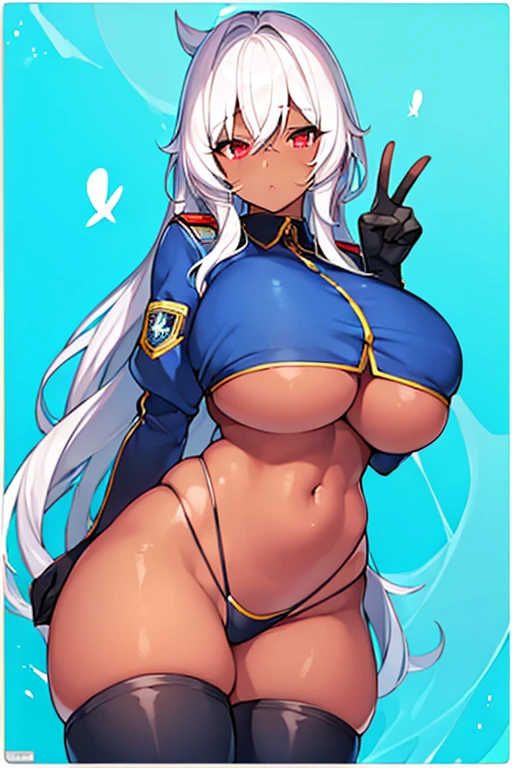 1girl, dark skin, dark-skinned female, red eyes, white hair, long hair, large breasts, thick thighs, underboob, hourglass figure, mature female, thighhighs, police, police uniform, parted lips, bikini, highleg bikini, peace sign, v, gloves, neon trim, blue trim, trimmed thighhighs