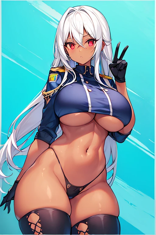 1girl, dark skin, dark-skinned female, red eyes, white hair, long hair, large breasts, thick thighs, underboob, hourglass figure, mature female, thighhighs, police, police uniform, parted lips, bikini, highleg bikini, peace sign, v, gloves, neon trim, blue trim, trimmed thighhighs