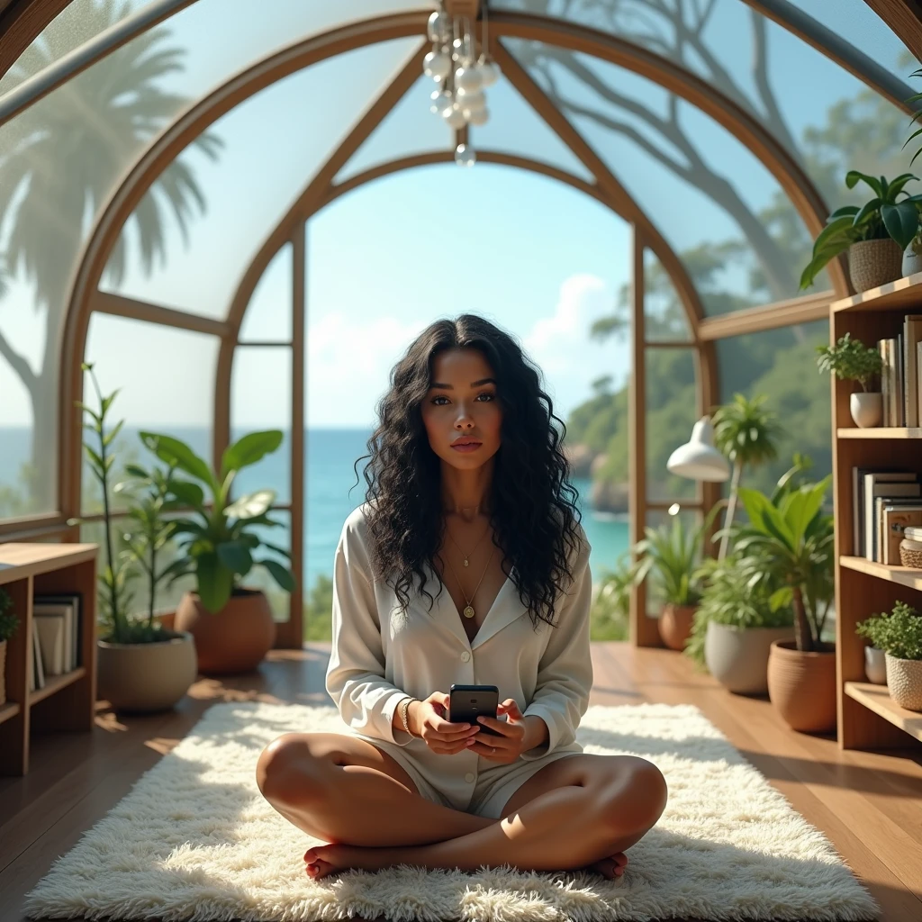 realistic photo of a (pretty girl, 20 years old, brunette, black eyes) into a big room being a glass dome resembling a greenhouse, (full lips) , ((perfect face)), [[mild smile]], proportionate body,mixed white-latina herritage, beautyfull, beautyfull face, tanned skin, two arms, two legs, five fingers by hand, full body, (curly black long hair), casual pijama, girl seat at floor at carpet, cozy casual minimalistic modern room into the dome, glass at celling, baffle, shelf with books and collectibles, notebook pc at floor, cellphone at hand, sea button ouside the dome but dry indoors, underwater safe habitat
