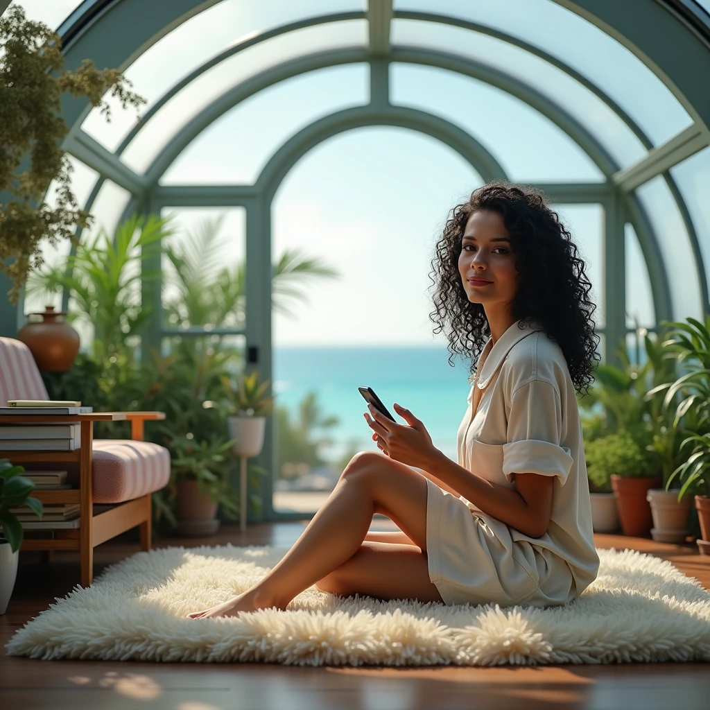 realistic photo of a (pretty girl, 20 years old, brunette, black eyes) into a big room being a glass dome resembling a greenhouse, (full lips) , ((perfect face)), [[mild smile]], proportionate body,mixed white-latina herritage, beautyfull, beautyfull face, tanned skin, two arms, two legs, five fingers by hand, full body, (curly black long hair), casual pijama, girl seat at floor at carpet, cozy casual minimalistic modern room into the dome, glass at celling, baffle, shelf with books and collectibles, notebook pc at floor, cellphone at hand, sea button ouside the dome but dry indoors, underwater safe habitat
