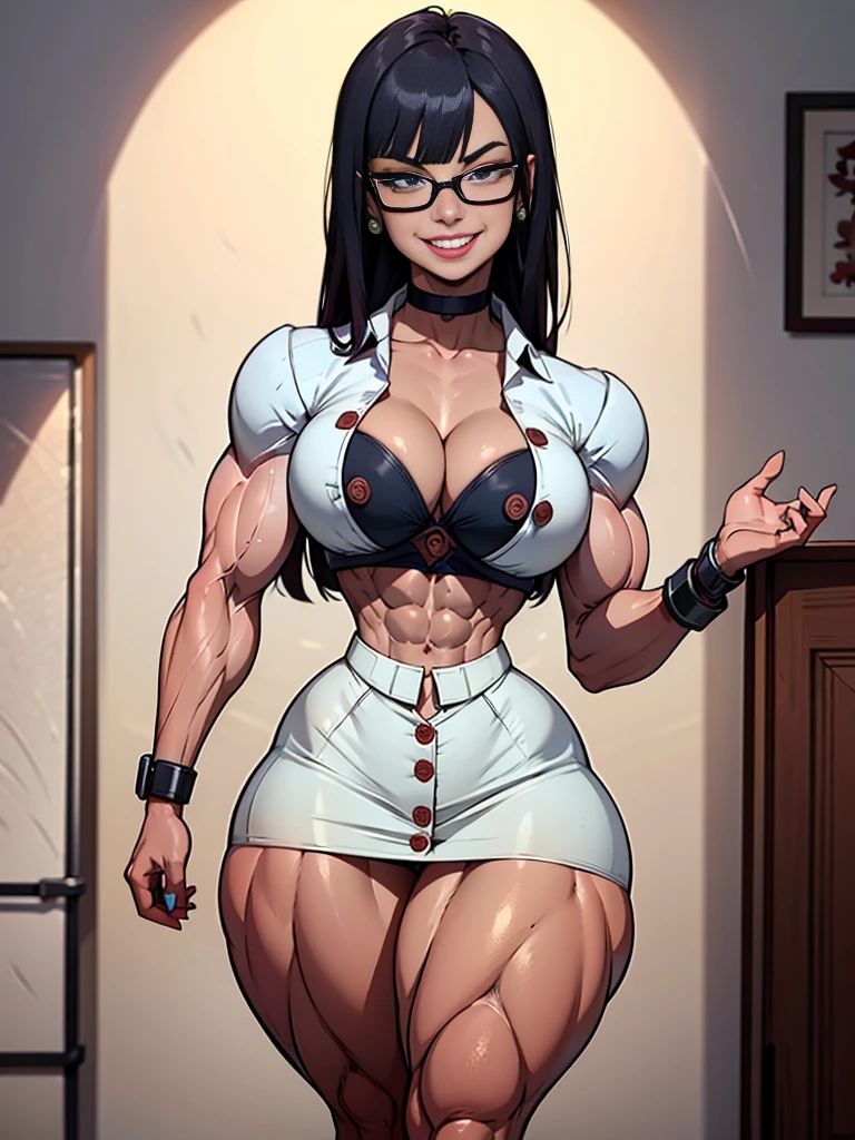 (Muscular:2), (thick thighs:2), 
(asian female smiling for the camera:2), (blunt bangs, long hair), (adult), beauty mark, (pale skin),
(glasses), earrings, eyeshadow, lipstick, 
detailed eyes, (big smile|laughing:1.8),
(hard nipples), (small perky breasts:1.5),
choker, (choker, white button up, cleavage, flared skirt:1.8), 
(upper body view), (looking at viewer), three quarter view,
office, rim lighting, two tone lighting, dimly lit