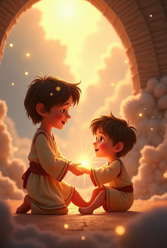 A 3D movie poster in Disney-Pixar style of Jesus as a kid and out of nowhere a light came from heaven and the hands of Jesus, which were holding the boy's ankle, lit up and began to heal the boy's ankle.
