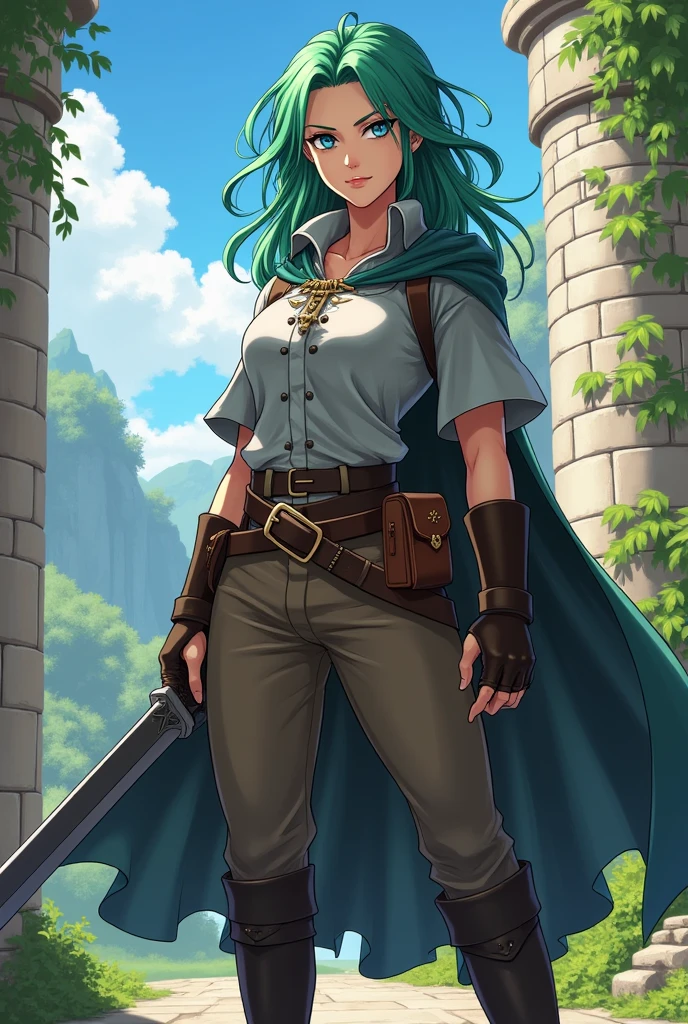 ((artwork, best quality)), ultra detailed,anime styler,1girl, medieval,rpg art,mature woman,muscular body,bright light skin, adventurer clothes, black boots, brown pants, brown gloves, cape, green hair, blue eyes, serious face,gray shirt,