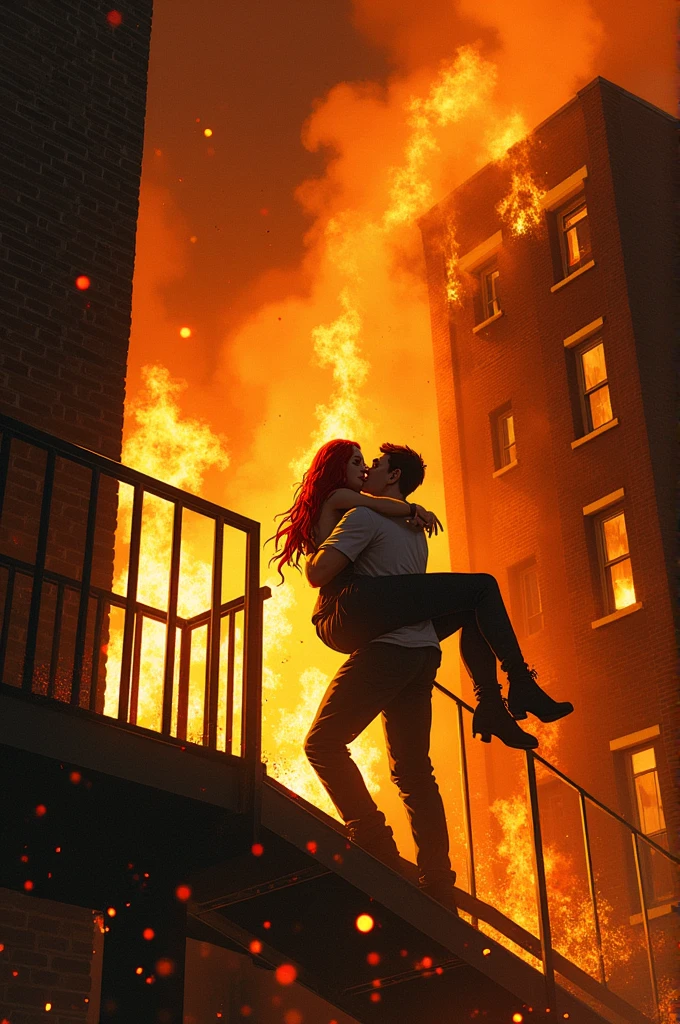 Make a chart based on this description: Alicia painted an exposed brick building, a hospital — and it was undeniable that it was the Grove. It was on fire, completely engulfed in flames. There were two noticeable figures on the fire escape.
A man and a woman trying to escape. The woman was undoubtedly Alicia herself., the red hair the same color as the flames. And I recognized myself in the man. He carried Alicia in his arms, suspending her as the fire licked my ankles.