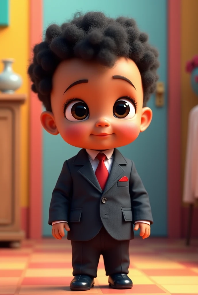 Image of a baby dressed in a suit, a small black spot on the left cheek, short black curly hair, a very small male spot on the left cheek, Pixar 3D