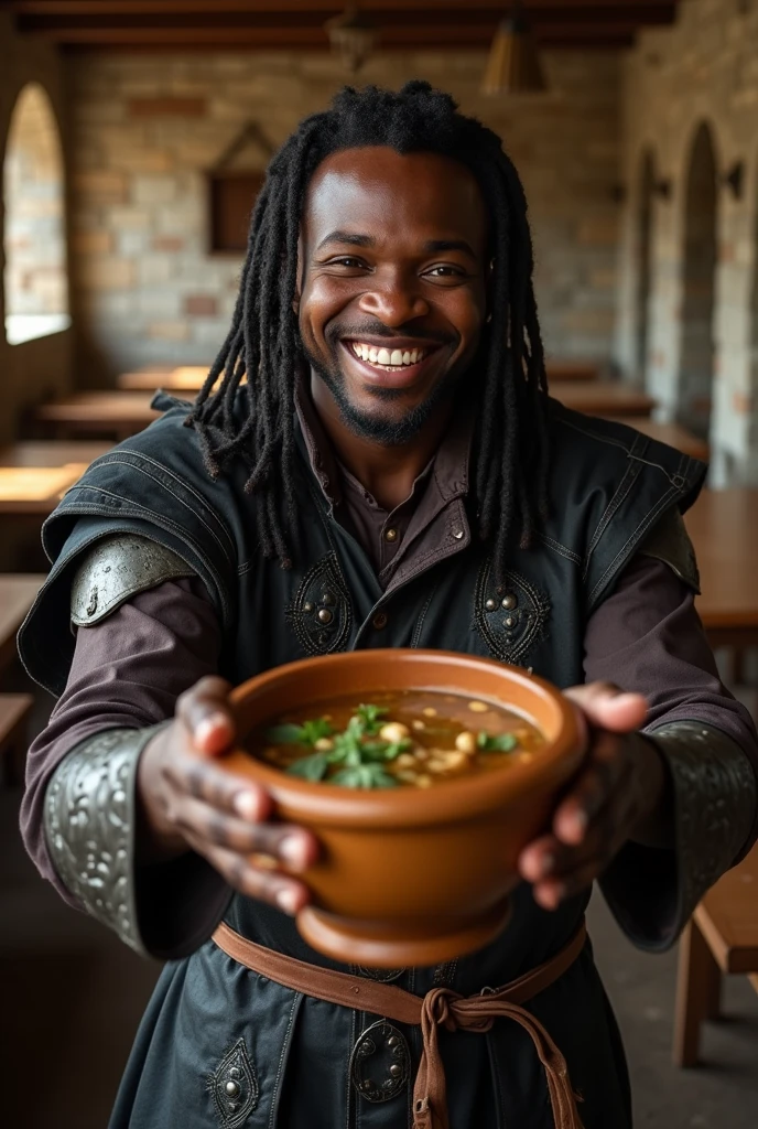 masterpiece, best quality, {best quality}, {{masterpiece}}, {highres}, focus, First-person perspective, joyful clean-shaven male character with dark skin and dreadlocks, wearing a black leather tunic with intricate stitching, metal bracer on one arm, smiling warmly, reaching out, wooden bowl filled with chicken and herb broth, first-person hands offering the bowl, close interaction, expressive face, medieval ((stone wall)) (cafeteria background with tables), cinematic lighting, high detail.
