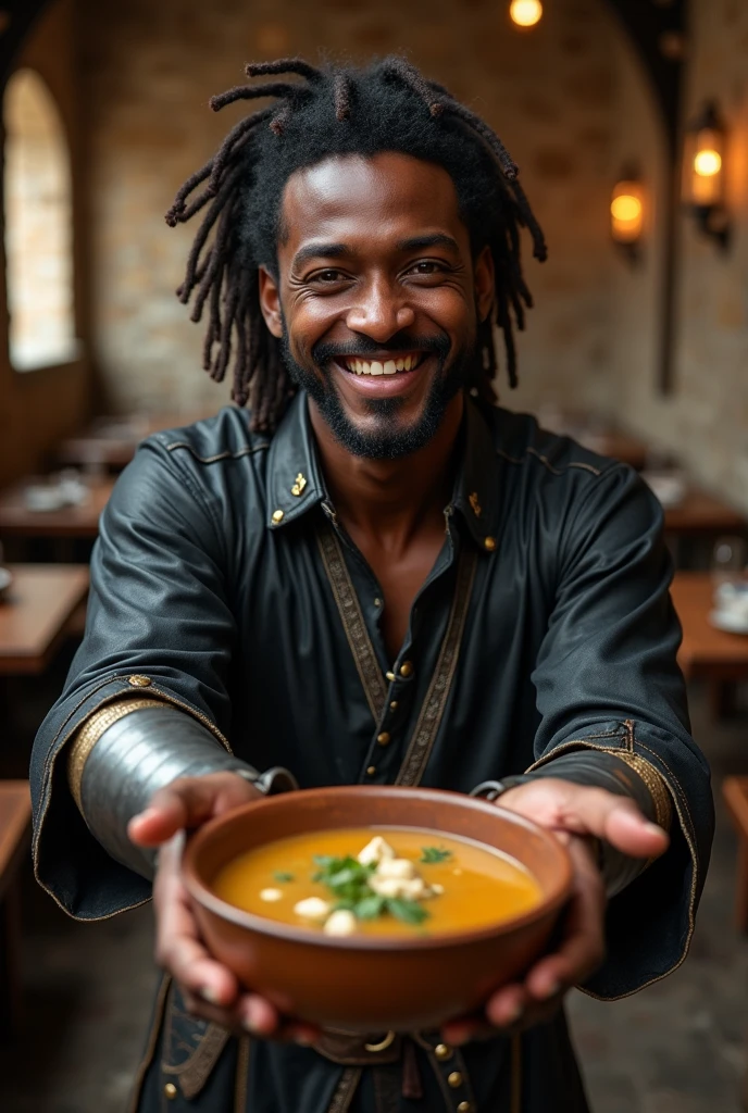 masterpiece, best quality, {best quality}, {{masterpiece}}, {highres}, focus, First-person perspective, joyful clean-shaven male character with dark skin and dreadlocks, wearing a black leather tunic with intricate stitching, metal bracer on one arm, smiling warmly, reaching out, wooden bowl filled with chicken and herb broth, first-person hands offering the bowl, close interaction, expressive face, medieval ((stone wall)) (cafeteria background with tables), cinematic lighting, high detail.
